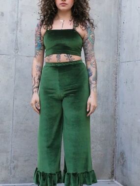 Green Velvet Ruffle-Hem Wide Leg and Tank Set